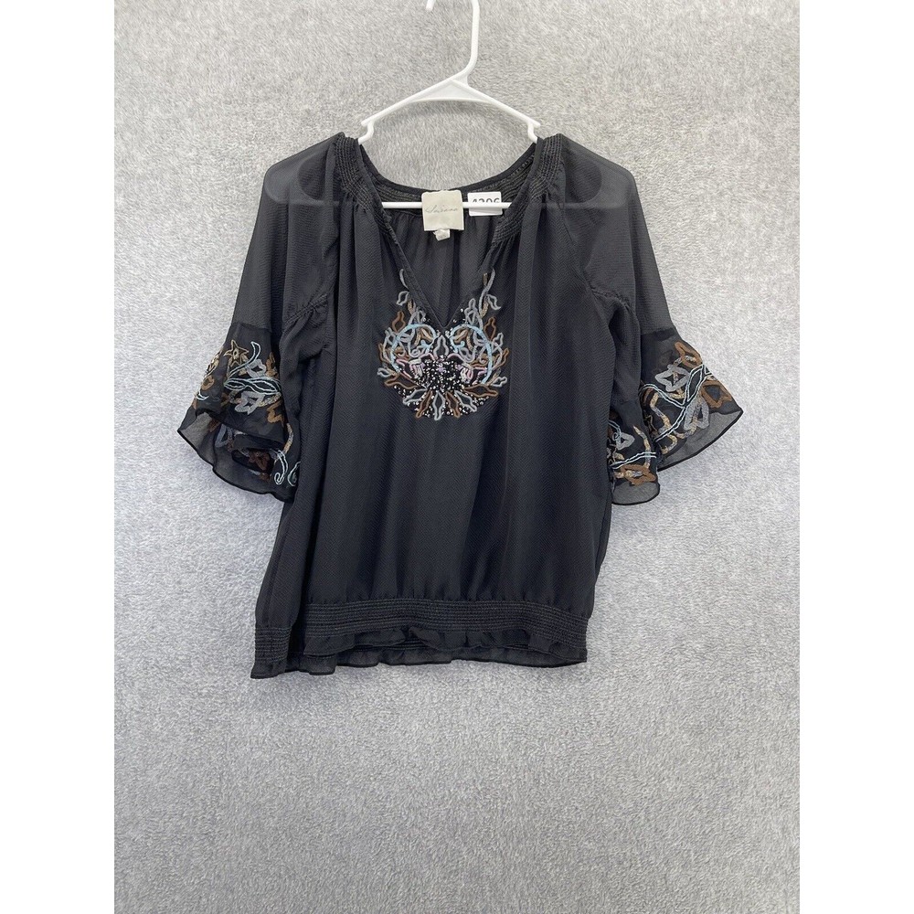 SAIVANA Women's Blouse Tunic Peasant Black Sheer Embroidered Trim Size XS